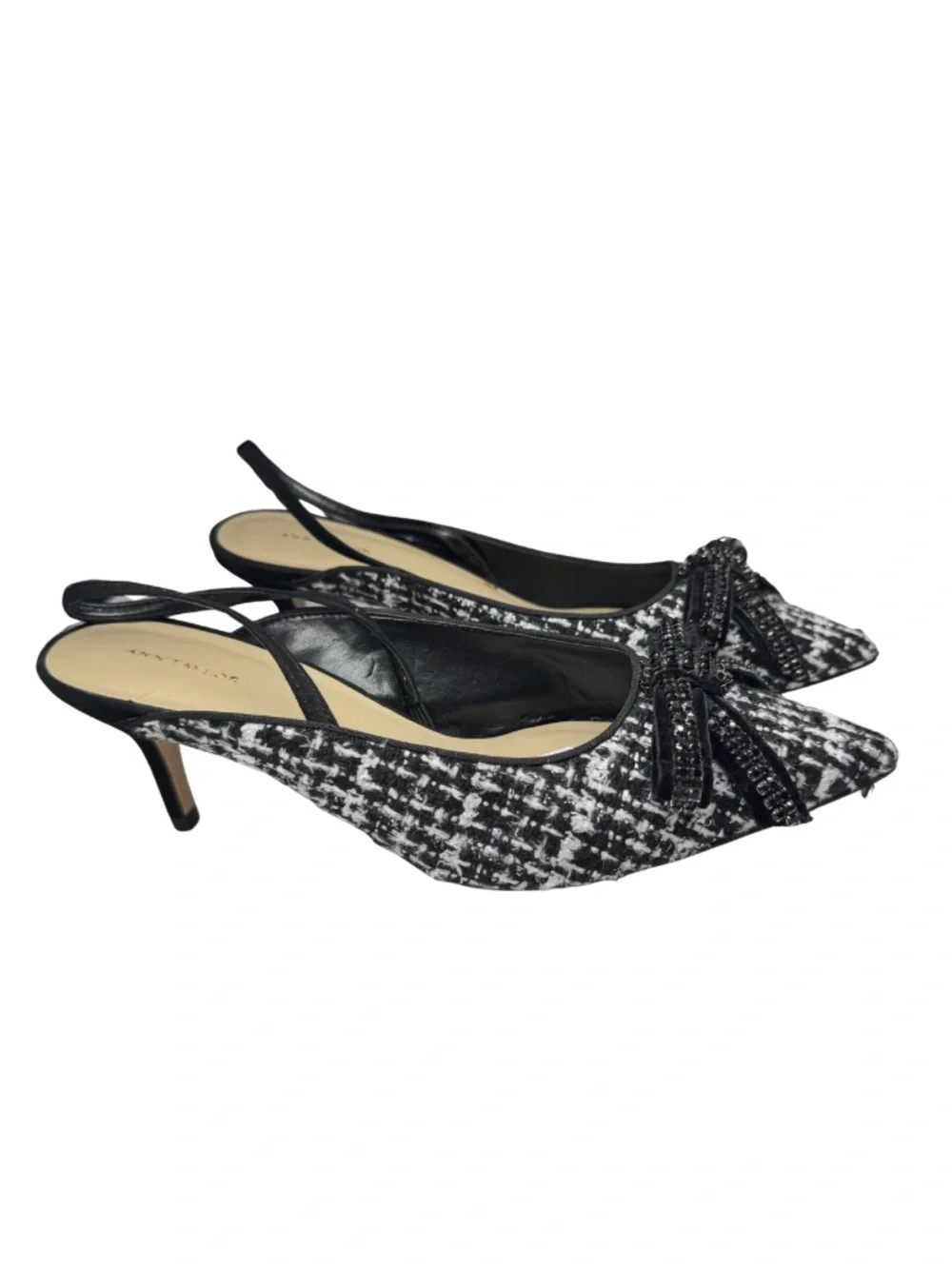 Ann Taylor Black & White Tweed Slingback Pointed Toe kitten heels 9 bow beaded